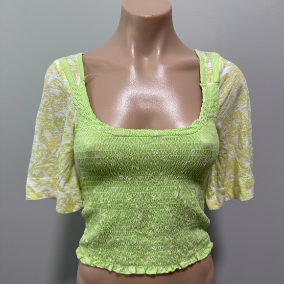Free People Marigold Top Key Lime Combo Smocked XS Green - Picture 2 of 6